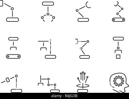 Robot arm icon set vector. Sign and symbol concept. Technology and Engineering concept. Thin line icon theme. White isolated background. Illustration  Stock Vector
