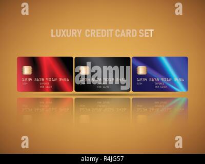 Vector of realistic credit cards set with luxury light flare red and blue colors abstract design background. Stock Vector