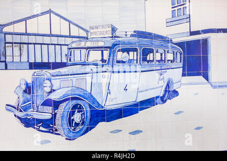 azulejo tile painting, vintage bus of olhao-faro line outside of bus terminal