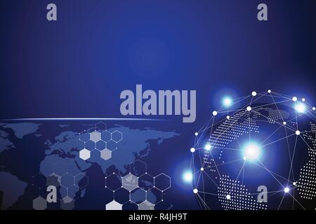 Blue technology abstract background with white line dot. Business and Connection concept. Internet cyber and network theme. Smart industry and compute Stock Vector