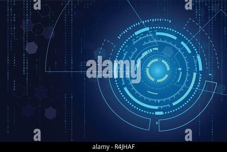 Blue technology circle and computer science abstract background with blue and binary code matrix. Business and Connection. Futuristic and Industry 4.0 Stock Vector