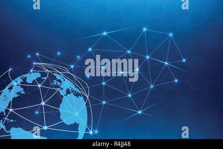 Blue technology abstract background with white line dot. Business and Connection concept. Internet cyber and network theme. Smart industry and compute Stock Vector