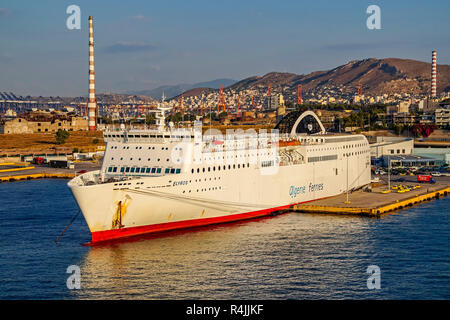 Algerie Ferries car and passenger ferry Elyros moored in port of Piraeus Athens Greece Europe Stock Photo