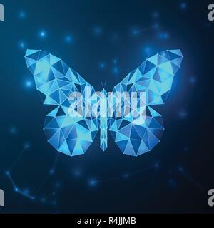 Abstract blue futuristic butterfly low polygon. Technology with polygonal shapes on dark blue background. Wallpaper and logo concept. Molecules and Ne Stock Vector