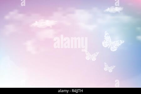 Fantasy dreaming sky with low poly butterflies in pastel color background. Hologram heaven rainbow and magic colorful cloudscape wallpaper. Stock Vector