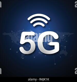5G cellular mobile communication abstract background with global network line dot link transmission. Digital transformation and technology concept. Ma Stock Vector