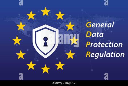 General Data Protection Regulation called GDPR 2018/2019 concept. EU flag. Digital transformation and security theme. Vector illustration Stock Vector