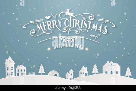 Merry Christmas and Happy New Year of snowy home town with typography font message background winter blue pastel color. Paper art and digital craft Stock Vector