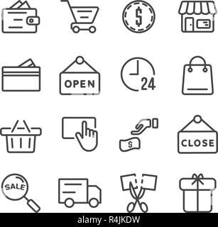 Shopping icon set. Black Friday and Cyber Monday concept Thin line icon theme. Outline stroke symbol icons. White isolated background. Illustration Stock Vector