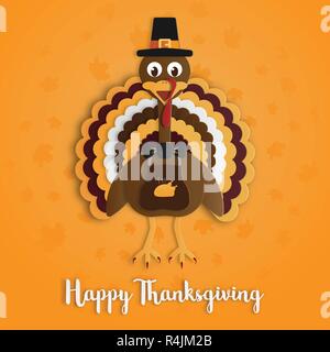 Happy Thanksgiving day with turkey paper art on yellow orange background. Holiday and festival concept. Decoration and greeting card theme. Stock Vector