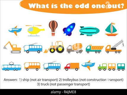 What is the odd one out for children, transport in cartoon style, fun education game for kids, preschool worksheet activity, task for the development  Stock Vector