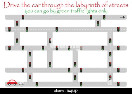 Drive car through labyrinth of streets, go by green traffic lights, fun education game for kids, preschool activity for children, maze task for the de Stock Vector