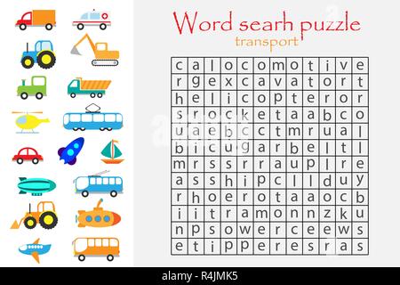 Word search puzzle for children, transport theme, fun education game for kids, preschool worksheet activity, vector Stock Vector