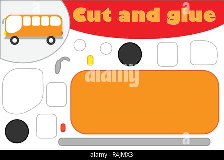 Bus in cartoon style, education game for the development of preschool children, use scissors and glue to create the applique, cut parts of the image a Stock Vector