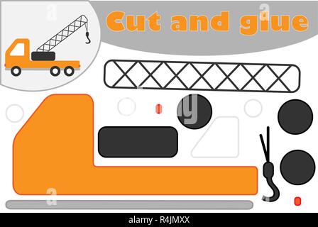 Ttruck crane in cartoon style, education game for the development of preschool children, use scissors and glue to create the applique, cut parts of th Stock Vector