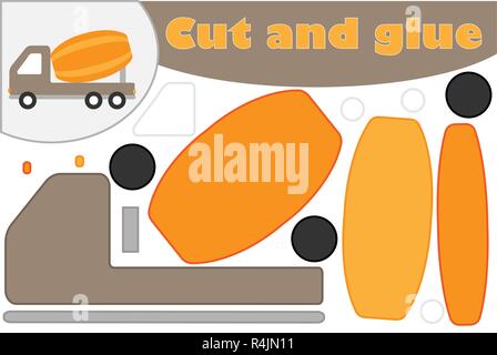 Concrete mixer cartoon style, education game for the development of preschool children, use scissors and glue to create the applique, cut parts of the Stock Vector