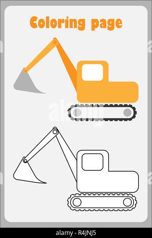 Excavator in cartoon style, coloring page, education paper game for the development of children, kids preschool activity, printable worksheet, vector Stock Vector