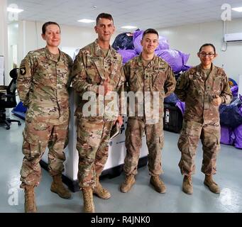 Commander Col. Kim Martindale of the 38th Sustainment Brigade and Col. Todd Erskine of the 300th Sustainment Brigade conducted a site visit to Joint Training Center – Jordan (JTC), MSAB, and H5 from October 23, 2018 to October 25, 2018. During the battlefield circulation the command team visited the Finance, Customs, Postal and Mortuary Affairs Soldiers. Stock Photo