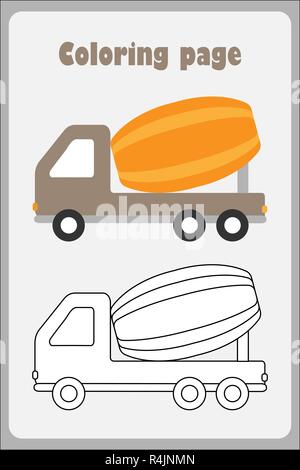 Concrete mixer in cartoon style, coloring page, education paper game for the development of children, kids preschool activity, printable worksheet, ve Stock Vector