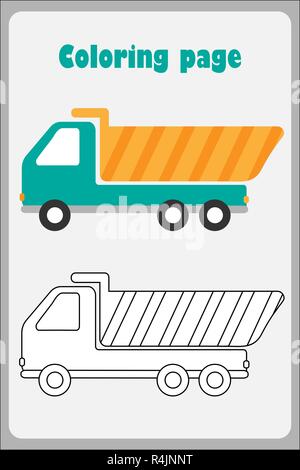 Tipper truck in cartoon style, coloring page, education paper game for the development of children, kids preschool activity, printable worksheet, vect Stock Vector