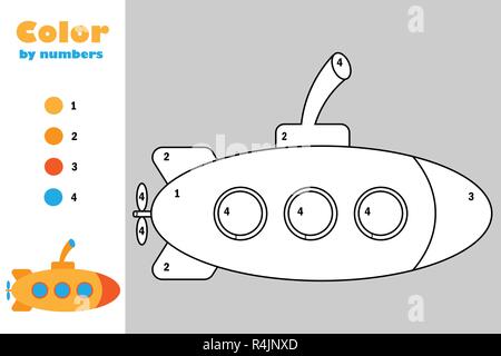 Submarine in cartoon style, color by number, education paper game for the development of children, coloring page, kids preschool activity, printable w Stock Vector