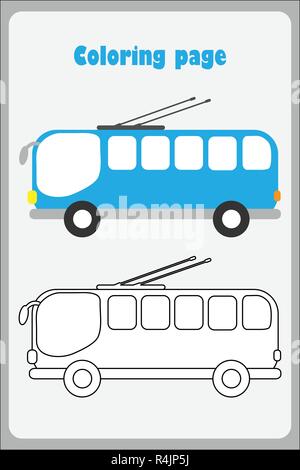Trolleybus in cartoon style, coloring page, education paper game for the development of children, kids preschool activity, printable worksheet, vector Stock Vector