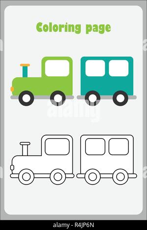 Locomotive in cartoon style, coloring page, education paper game for the development of children, kids preschool activity, printable worksheet, vector Stock Vector