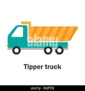 Tipper truck in cartoon style, card with transport for kid, preschool activity for children, vector Stock Vector