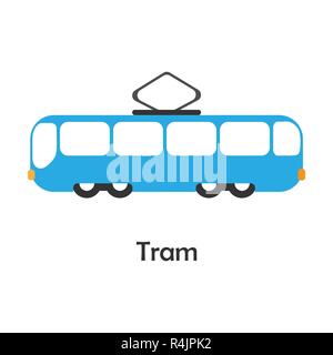Tram in cartoon style, card with transport for kid, preschool activity for children, vector Stock Vector