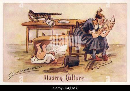 Anti Suffragette humorous satirical illustrated postcard entitled 'Modern Culture', showing a woman neglecting her duties to involve herself in politics by the Cynicus publishing Co. Tayport, Fife, U.K. Circa 1905 Stock Photo