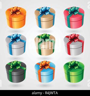 Vector Illustration of Round Gift Boxes with Glossy Ribbons - Set 2 isolated on a White Background Stock Vector
