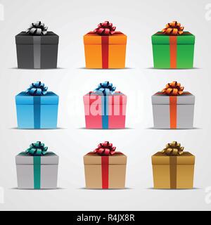 Vector Illustration of Square Gift Boxes with Glossy Ribbons - Set 1 isolated on a White Background Stock Vector