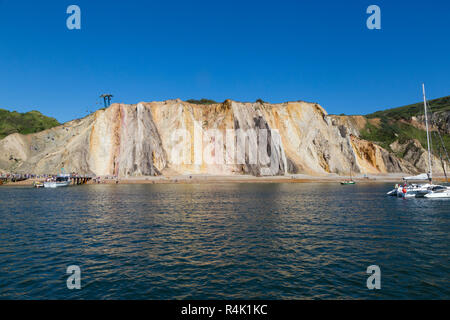 Famous multi coloured layered sands of the sandy cliffs of Alum Bay Cliffs. The different colours of sand can be clearly seen. The Needles. Isle of Wight. UK (98) Stock Photo