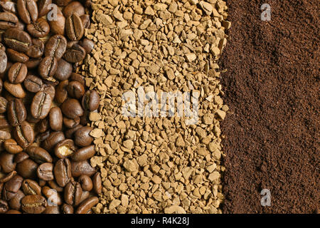 Three types of coffee in the form of strips: coffee beans, ground coffee, instant coffee Stock Photo