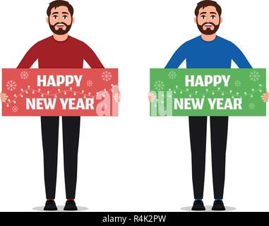 Man holds poster Happy New Year. Congratulations on Happy new year vector illustration on a white background Stock Vector