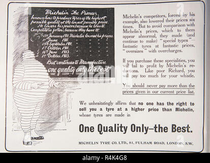 An old advert for Michelin tyres. From an old British magazine from the 1914-1918 period. Stock Photo