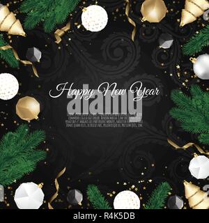 Christmas vector background. Creative design greeting card, banner, poster. Top view gift box, xmas decoration balls and snowflakes. Stock Vector