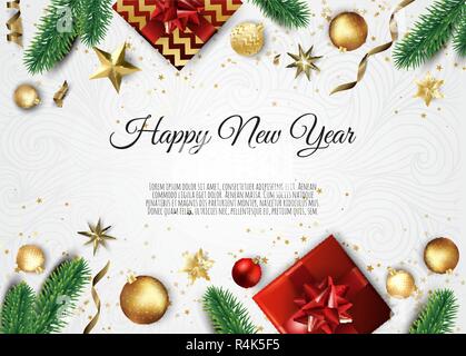 Christmas vector background. Creative design greeting card, banner, poster. Top view gift box, xmas decoration balls and snowflakes. Stock Vector