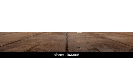dark rustic wooden planks as a table or floor in perspective, isolated on white Stock Photo