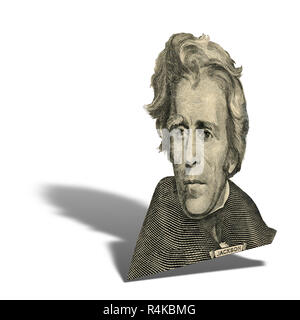 Portrait of former U.S. president Andrew Jackson as he looks on twenty dollar bill obverse.  Photo at an angle of 15 degrees, with a shadow. Stock Photo