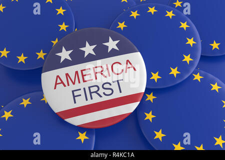 USA Politics Concept Badges: America First Slogan Button On EU Flag Buttons, 3d illustration Stock Photo