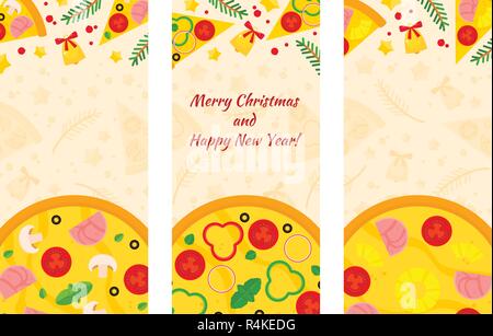 Vector Christmas and  New Years flyers of Pizza and Pizzeria. Three vertical Pizza banners with ingredients and text on background. Stock Vector