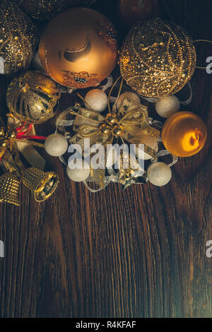 New Year 2019 Compostion of golden decor on dark wooden background Stock Photo