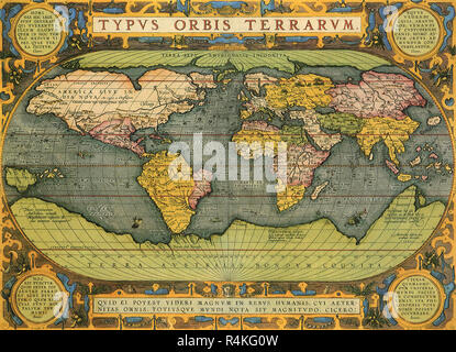 Oval World Map 1598, Ortelius, Abraham. Stock Photo