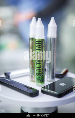 KIEV,UKRAINE-27 OCTOBER,2018: Plastic bottles with e-liquids for smoking tobacco with tasty fresh flavor.Buy new bottle with vape juice,quit smoking n Stock Photo