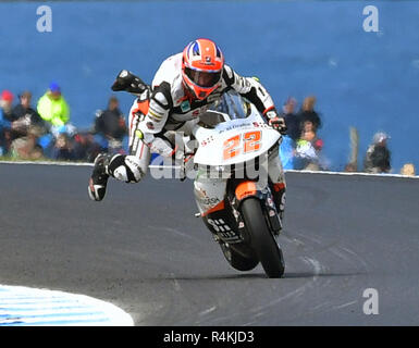 Sam Lowes of Great Britain slips off his bike but regains control during the Moto2 qualifying for the 2018 MotoGP of Australia at Phillip Island Grand Prix Circuit  Featuring: Sam Lowes Where: Cowes, Australia When: 27 Oct 2018 Credit: WENN.com Stock Photo