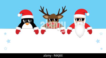 cute penguin reindeer and santa cartoon with sunglasses and red caps vector illustration EPS10 Stock Vector