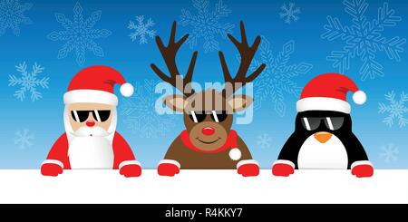 cute reindeer santa claus and penguin cartoon with sunglasses on snowy winter background for christmas vector illustration EPS10 Stock Vector