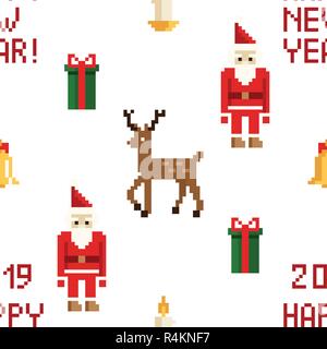 Colorful Pixel Pattern with Christmas Elements. Atcade games style Stock Vector