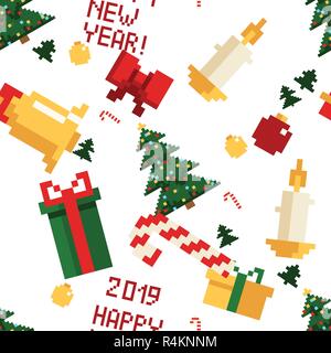 Colorful Pixel Pattern with Christmas Elements. Atcade games style Stock Vector